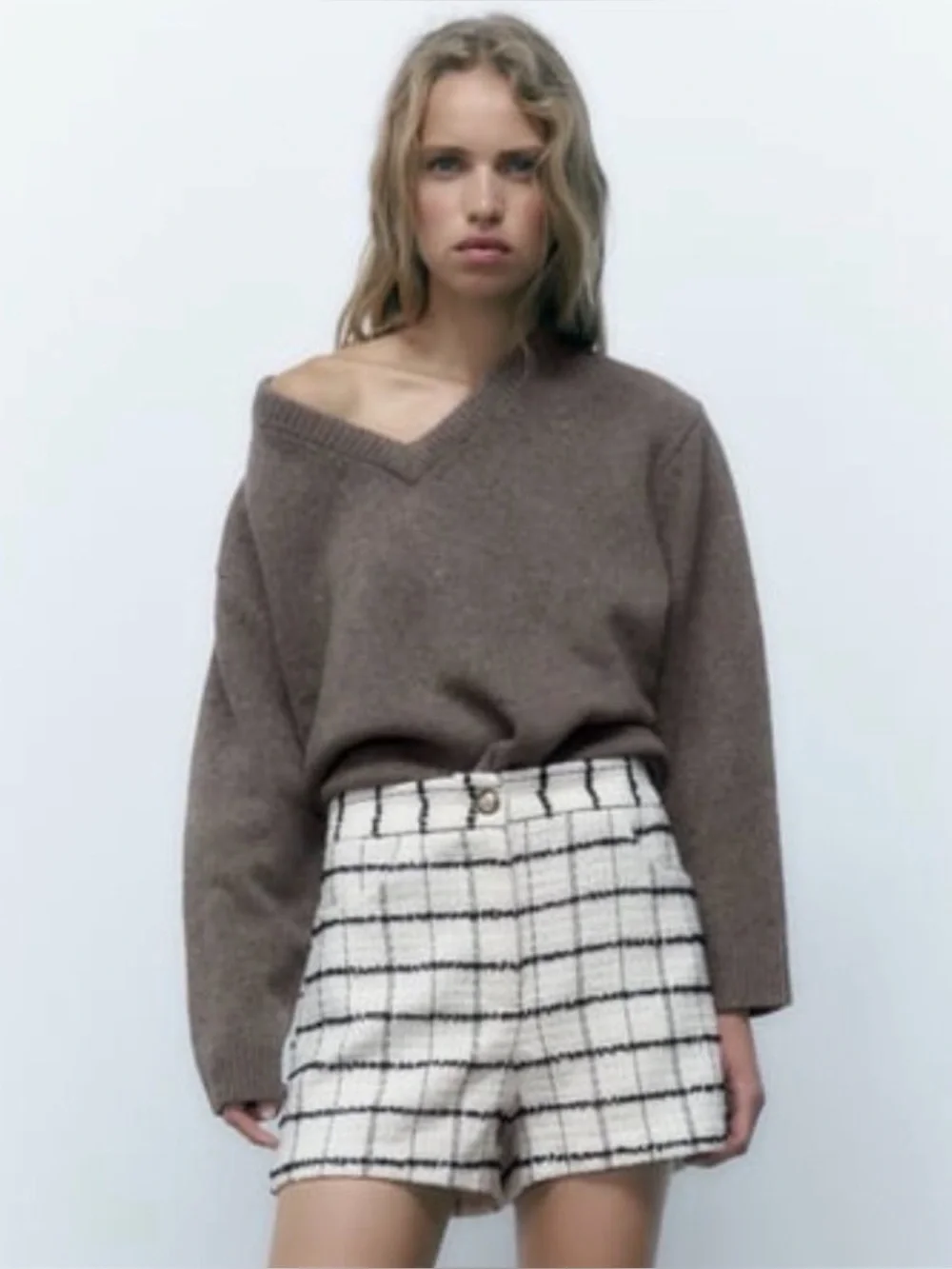 Zara High Waisted Tweed Check Bermuda Shorts Wool Blend Ivory Black S